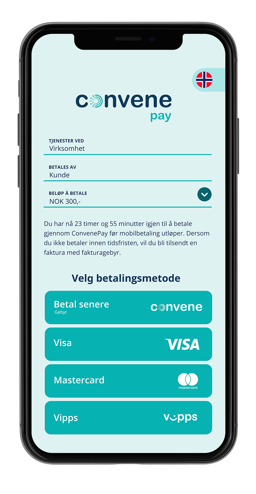 Bilde av forside på en mobil som viser mobilbetaling fra firmaet Convene - Klikk for stort bilde
